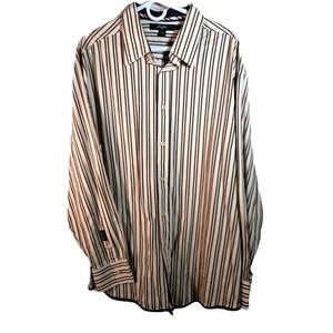 Sean John Mens XXXL Striped Button Down Shirt Cream Navy Gold Long Sleeve Cotton